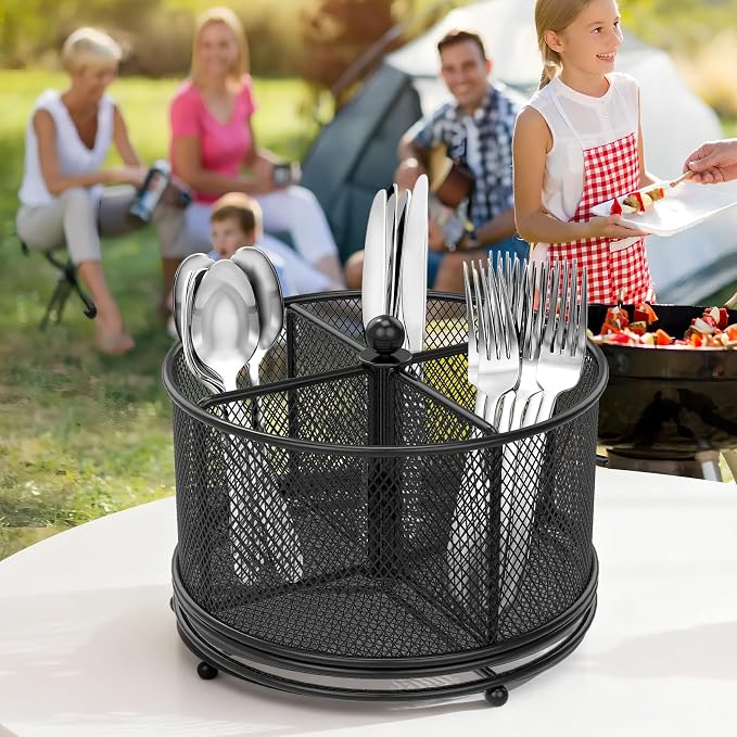 360° Rotating Metal Utensil Caddy, 4 Compartment Silverware Cutlery Holder - Image 6