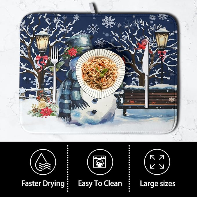 Winter Snowman Dish Drying Mat for Kitchen Counter 16x18, Xmas Snowflakes Dish - Image 4