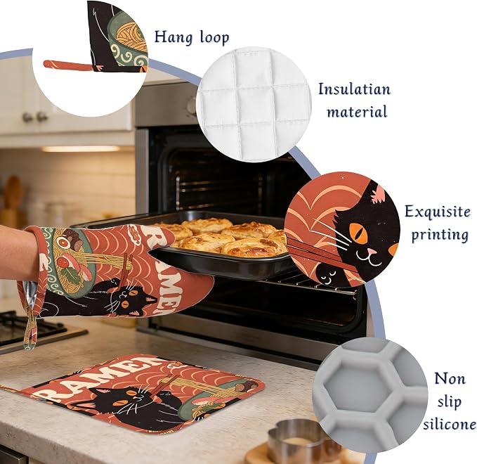 Black Cat Ramen Oven Mitts and Pot Holders Abstract Funny Silicone Kitchen - Image 4