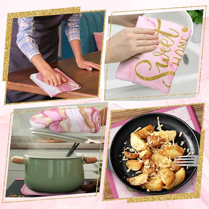 Bencailor 6 Pcs Marble Kitchen Decor Gold Pot Holders Oven Mitts 2 Dish Towels - Image 6