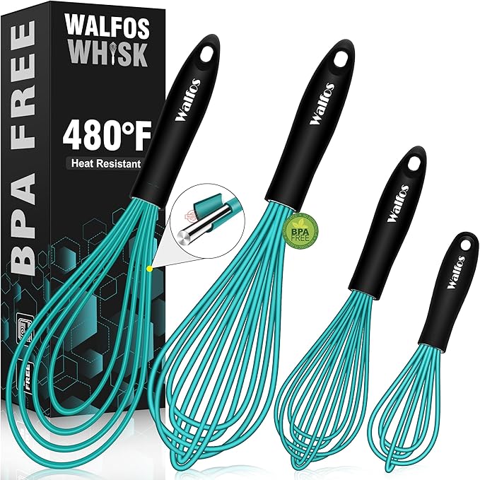 Walfos Silicone whisk, Whisks for Cooking Non Scratch, BPA Free whisk set of 4 by Walfos