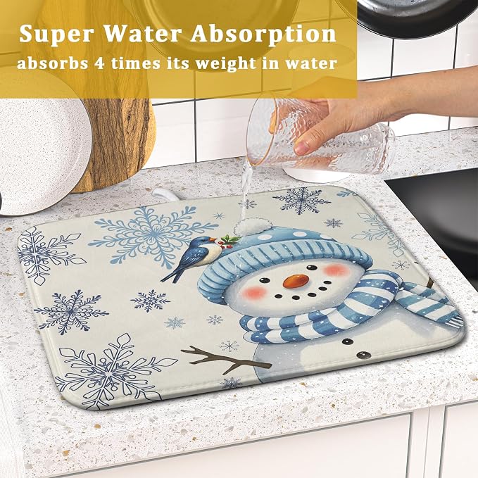 Winter Snowman Dish Drying Mat for Kitchen Counter 16x18 Blue Snowflake Bird - Image 7