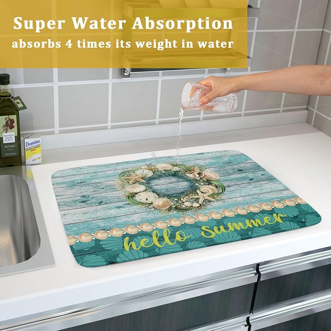 Hello Summer Dish Drying Mat for Kitchen Counter, Sea Shell Starfish Coastal - Image 7