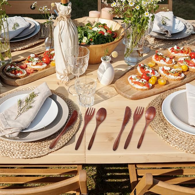6 Pcs Wooden Utensils for Eating, Wooden Spoon Fork Cutlery Set Kitchen Wood - Image 5