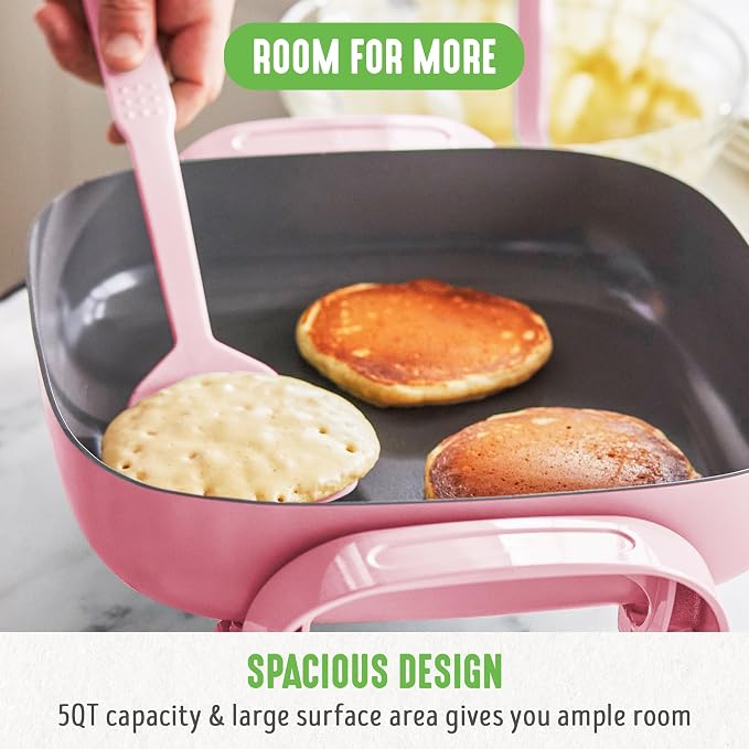 GreenLife12" 5QT Square Electric Skillet, Glass Vented Lid, Ceramic PFAS-Free - Image 5