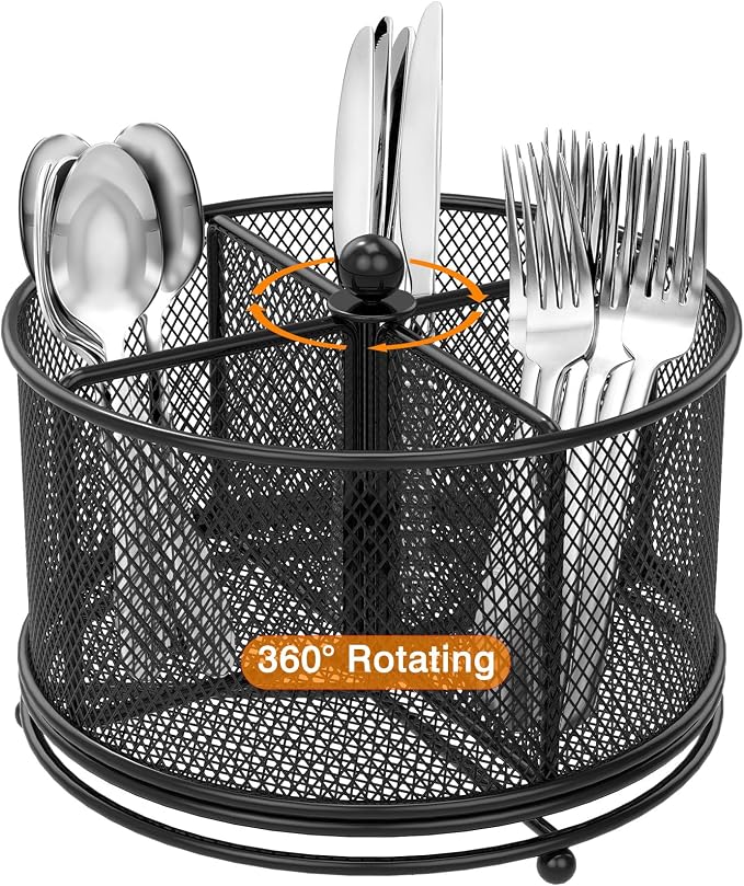 360° Rotating Metal Utensil Caddy, 4 Compartment Silverware Cutlery Holder by Unknown