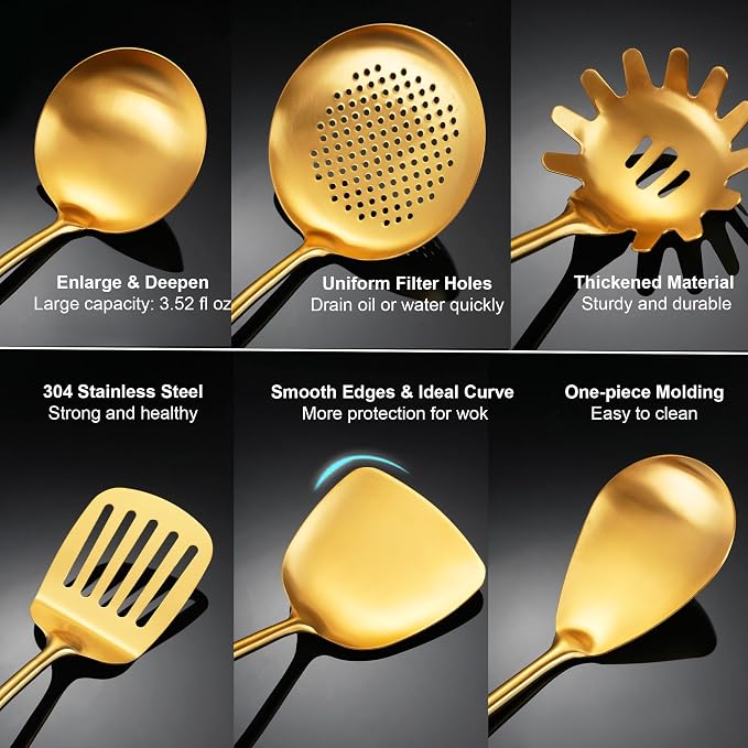 Gold Kitchen Utensils Set, Solid and Slotted Spoon, Slotted Tunner, Spaghetti - Image 3
