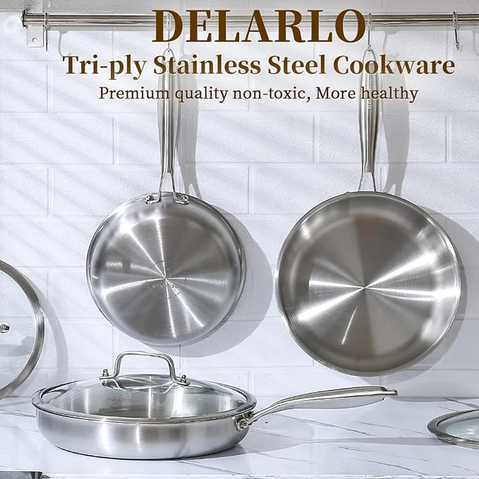 DELARLO Tri-Ply Stainless Steel Pan, 18/10 Frying Pan, Oven Safe Up to 600°F - Image 5