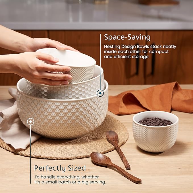 KooK Ceramic Mixing Bowls, Nesting Set of 4, Embossed Kitchen Dishware - Image 4