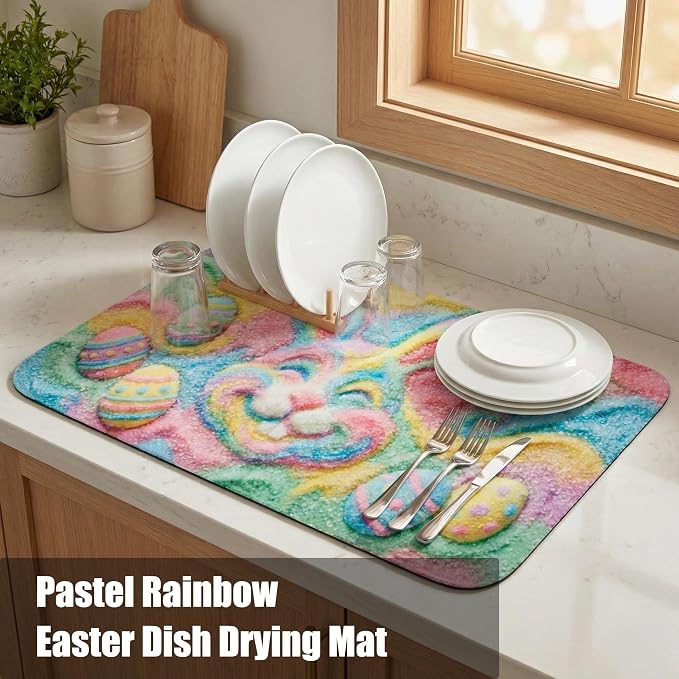 Pastel Rainbow Easter Dish Drying Mat: 12’’x20’’ Easter Smiling Bunny & - Image 5