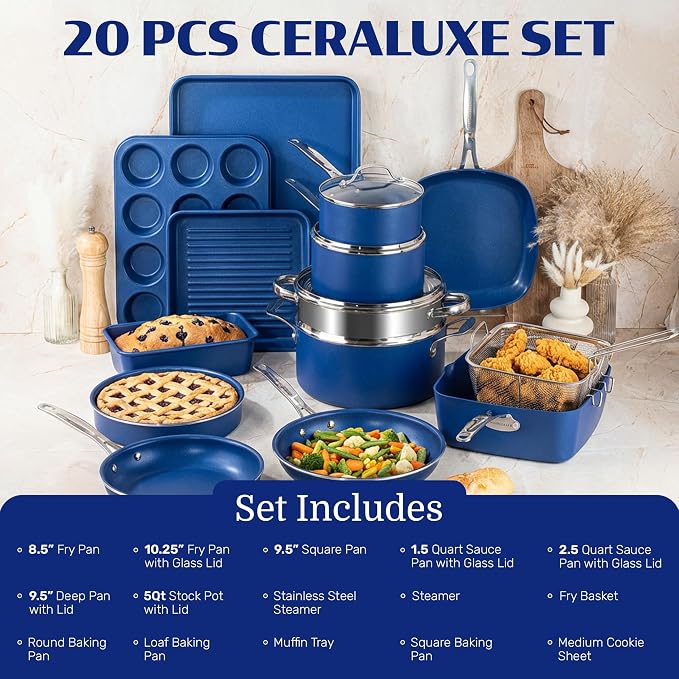 Granitestone Ceraluxe 20 Pc Ceramic Cookware Set Nonstick, Complete Pots and - Image 2