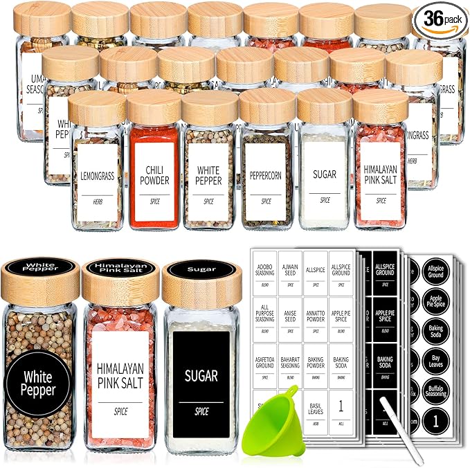 Churboro 36 Spice Jars with Labels- Spice Jars with Bamboo Lids - 4 Oz Glass by Churboro