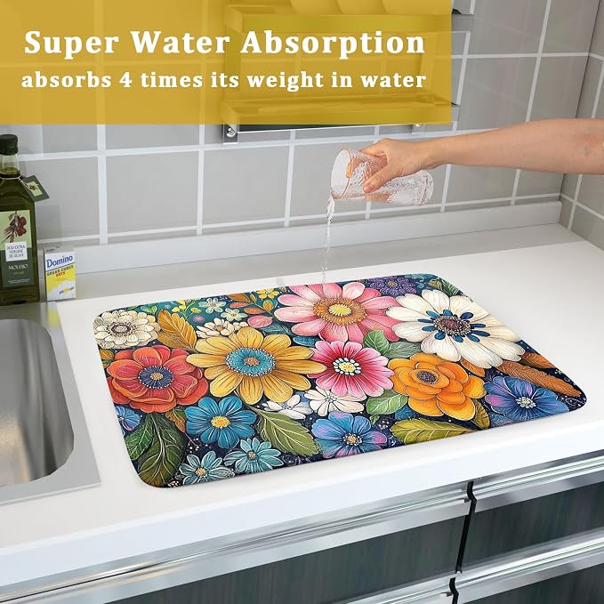 Giwawa Boho Flower Dish Drying Mat, Colorful Floral Leaf Dish Drainer Mats - Image 7