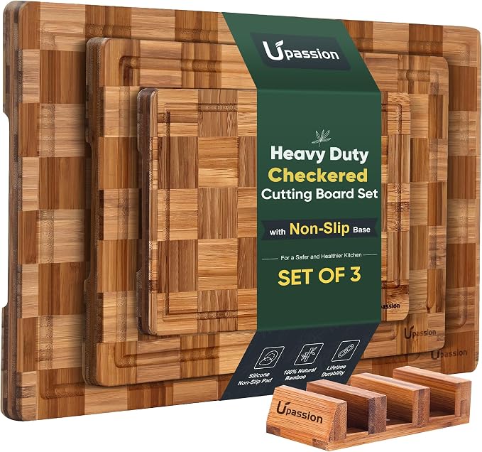 Heavy Duty Bamboo Cutting Board Set 3 Pack Non Toxic Juice Groove Charcuterie by Upassion