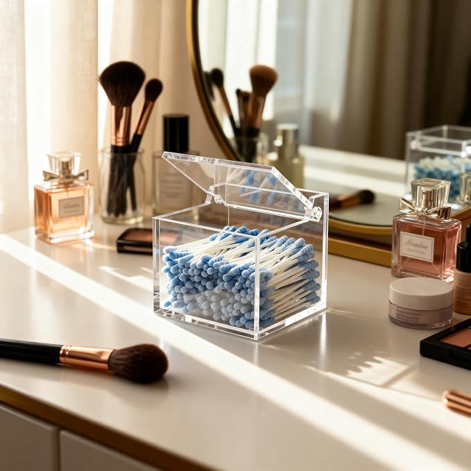 Clear Acrylic Qtip Holder With Lid Cotton Balls Swab Organizer, Square Q Tip - Image 5