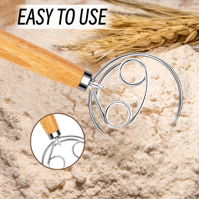 Danish Dough Whisk Stainless Steel Wooden Handle - Image 2