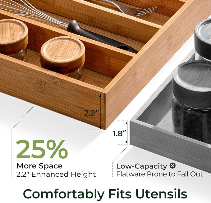 Carbonized Bamboo Kitchen Drawer Organizer, 8 Slots Silverware Organizer - Image 3