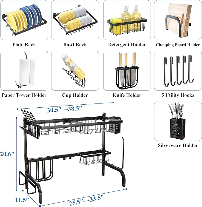 SAYZH Over The Sink Dish Drying Rack, Adjustable 2 Tier Metal Steel Dish Drying - Image 6