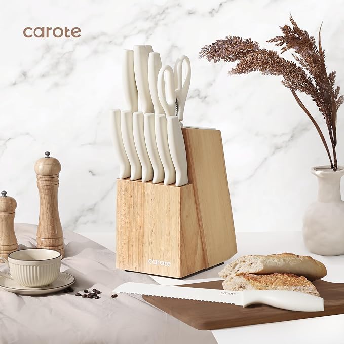 CAROTE 15Piece Knife Set, Kitchen Knife Block Set, Elegant White Ceramic-Coated - Image 3
