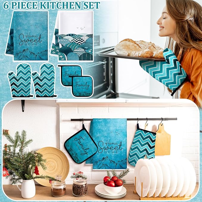 Bencailor 6 Pcs Boho Mountains Kitchen Towels Oven Mitts and Pot Holders Set - Image 2