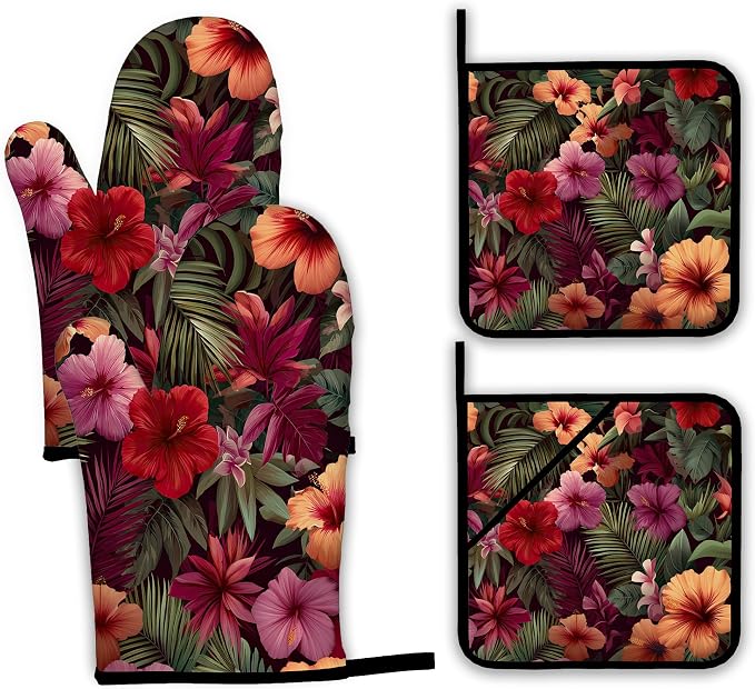 Tropical Palm Leaf Oven Mitts and Pot Holders Set, Hibiscus Kitchen Oven Gloves by Unknown