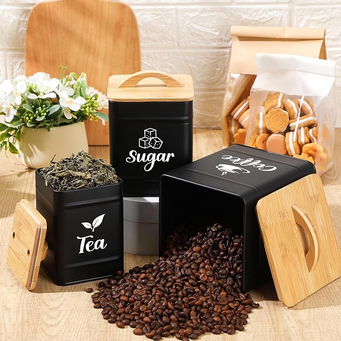 Maxdot 3 Set Coffee Sugar Tea Containers, Square Airtight Kitchen Canisters - Image 4