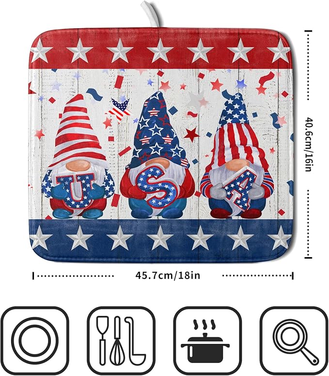 Giwawa 4th of July Gnomes Dish Drying Mat 16x18 inch Patriotic Elf Usa Stars - Image 2