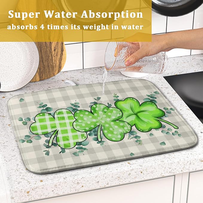 Giwawa Patrick Dish Drying Mat for Kitchen Green Clovers Grey Buffalo Plaids - Image 7