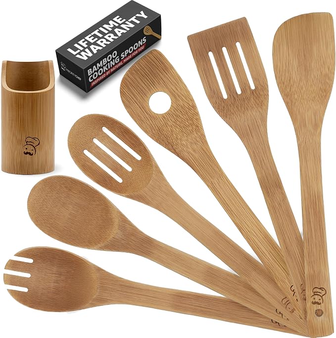 PriorityChef Wooden Spoons for Cooking, Non Scratch Bamboo Cooking Utensils by PriorityChef