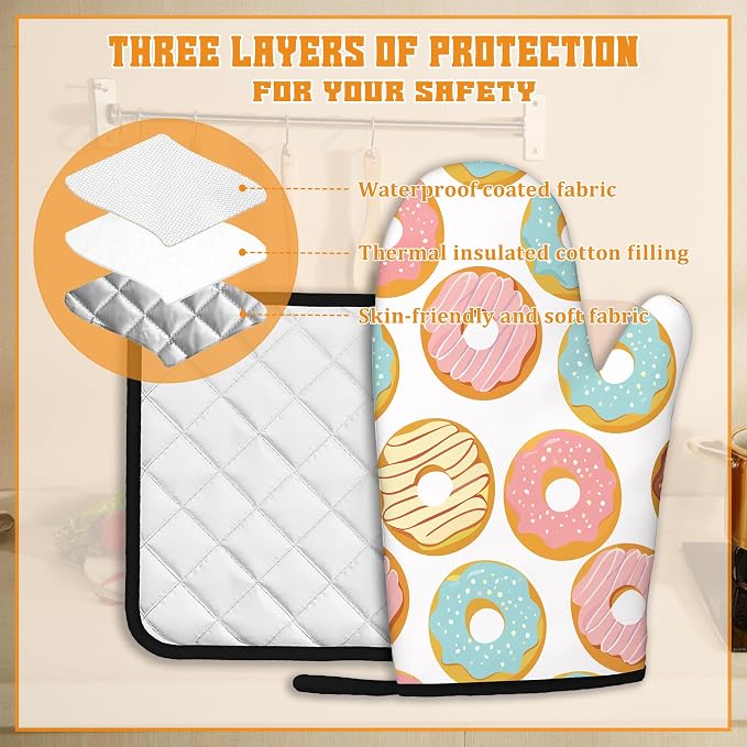 Pink Doughnut Oven Mitts and Pot Holders Set, Kitchen Oven Gloves and Pot Holder - Image 3