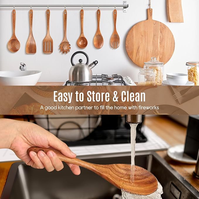 7 PCS Wooden Spoons for Cooking Natural Teak Kitchen Utensils Smooth Non-Stick - Image 4