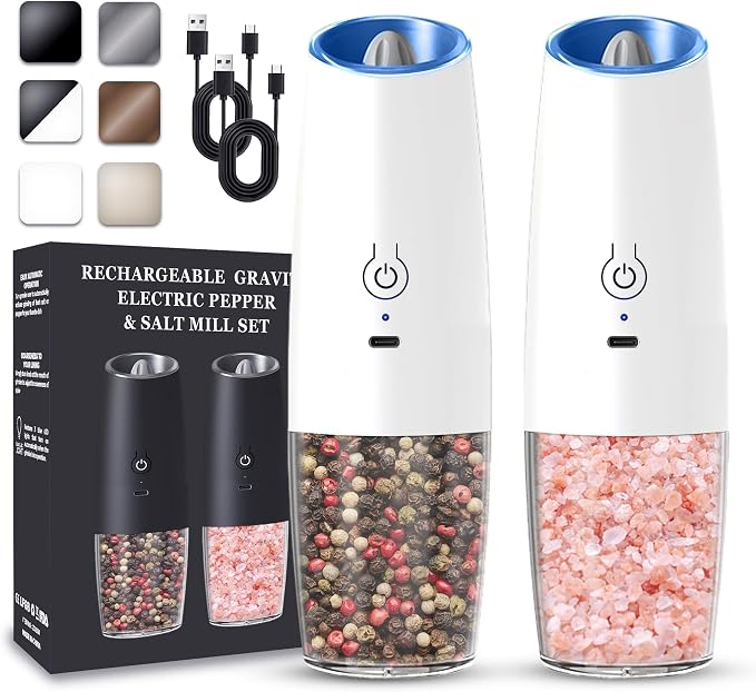 UNNEES Rechargeable Electric Salt and Pepper Grinder set of 2, gravity electric by UNNEES