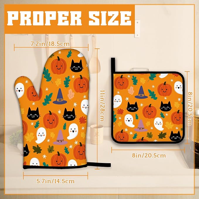 Halloween Pumpkins Oven Mitts and Pot Holders Set, Ghosts Black Cats Kitchen - Image 2