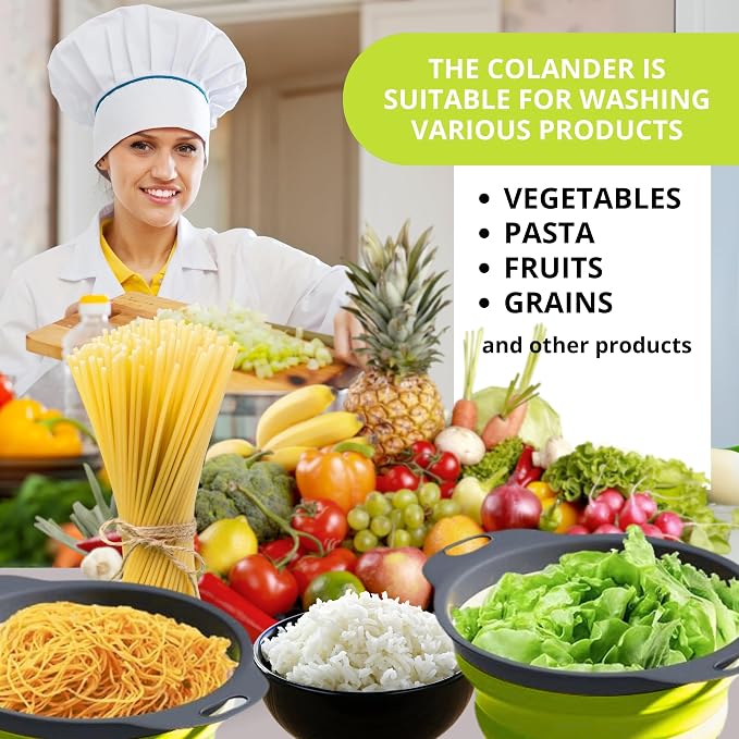3PCS Green Foldable Kitchen Strainer Set – Silicone Colander Collapsible - Image 5