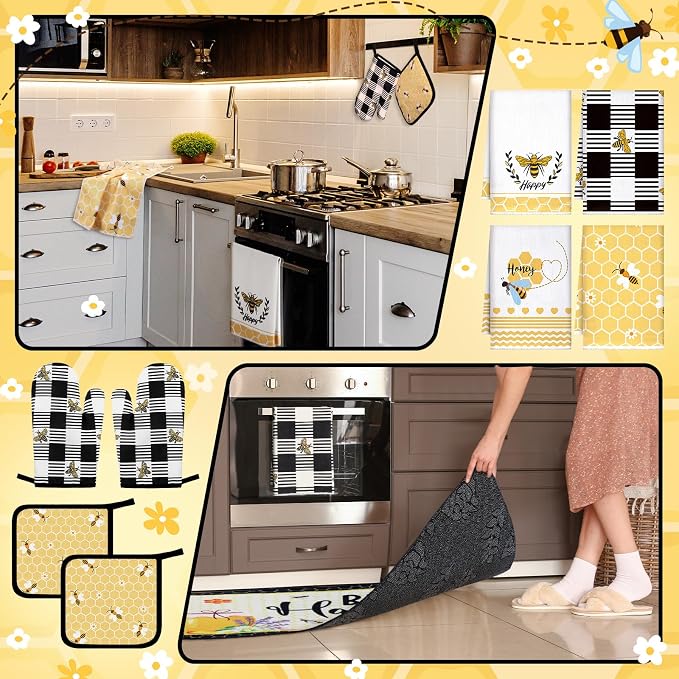 Fourluoo 10 Pcs Bee Kitchen Decor Set Honey Bee Dish Towels Rugs Oven Mitts and - Image 6