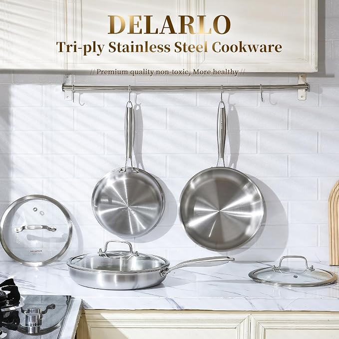 DELARLO Tri-Ply Stainless Steel Pan, 18/10 Frying Pan, Oven Safe Up to 600°F - Image 3