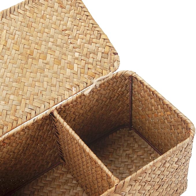Seagrass Tank Basket with Lid Woven Toilet Roll Storage Basket with Sections - Image 5