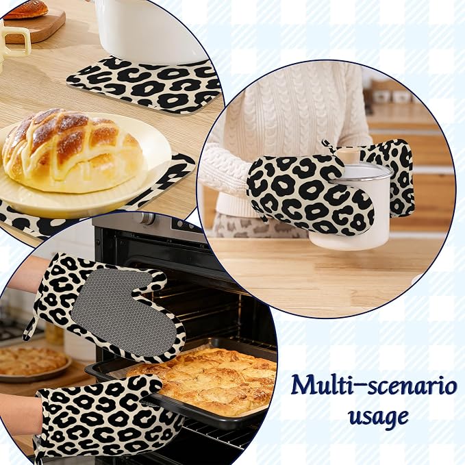 Black Leopard Print Pot Holders and Oven Mitts Set Silicone Cheetah Prints - Image 6