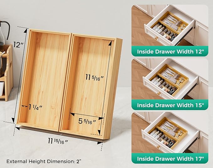 Bamboo Kitchen Drawer Organizer Boxes – 12" x 6" Stackable Wood Silverware - Image 2