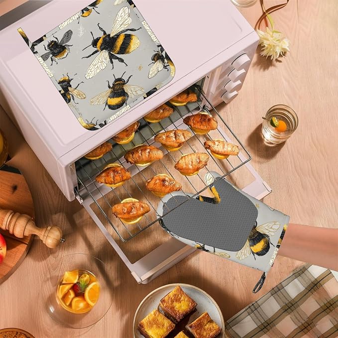 Happy Busy Bees Oven Mitts and Pot Holders Sets Non-Slip Silicone Surface - Image 5