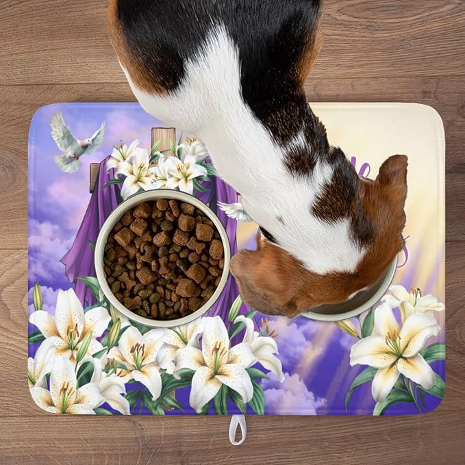 Easter Dish Drying Mat for Kitchen Counter He is Risen Cross Floral Purple - Image 8