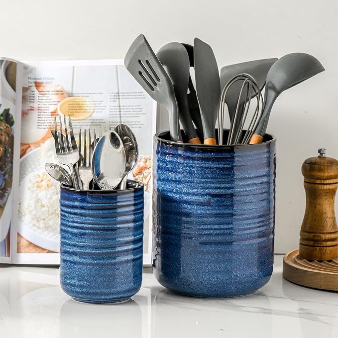 HASENSE Ceramic Utensil Holder Set of 2, Modern Farmhouse Kitchen Utensil Crocks - Image 3