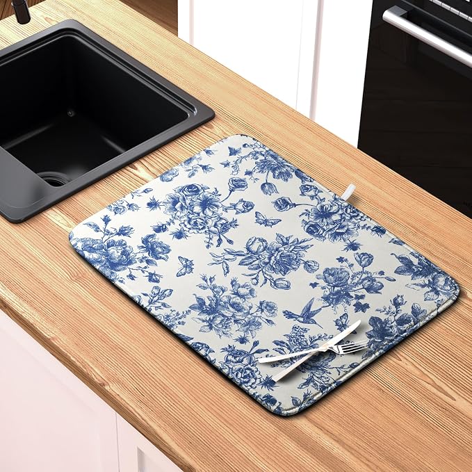 Dish Drying Mat for Kitchen Counter Blue and White Floral Drying Mats - Image 6