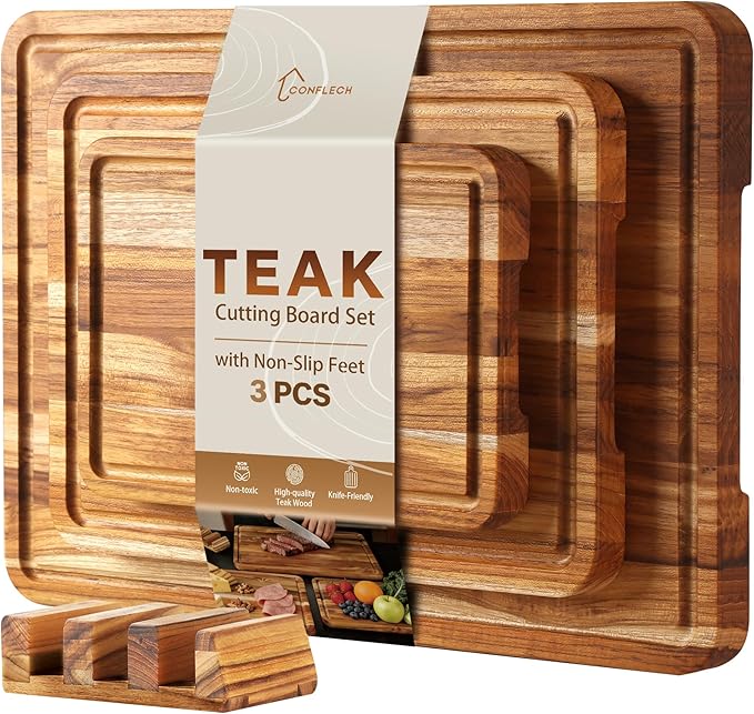 3 Pack Teak Cutting Board Set for Kitchen Wood Charcuterie Board by Conflech