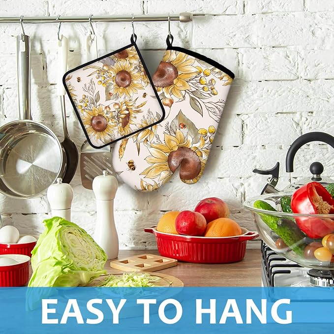 Watercolor Sunflower Oven Mitts and Pot Holders Sets Heat Resistant 4Pcs - Image 4