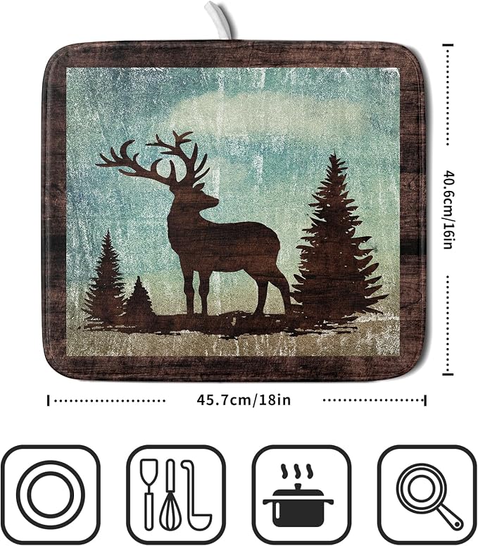 Giwawa Retro Deer Forest Cabin Silhouette Dish Drying Mat Countertop 16x18 Fall - Image 2