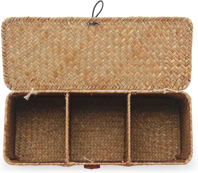 Seagrass Tank Basket with Lid Woven Toilet Roll Storage Basket with Sections - Image 2