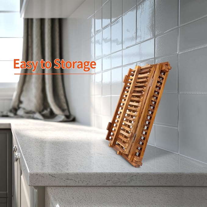 Utoplike 3 Tier Collapsible Teak Wood Dish Drying Rack, Foldable Large Capacity - Image 7