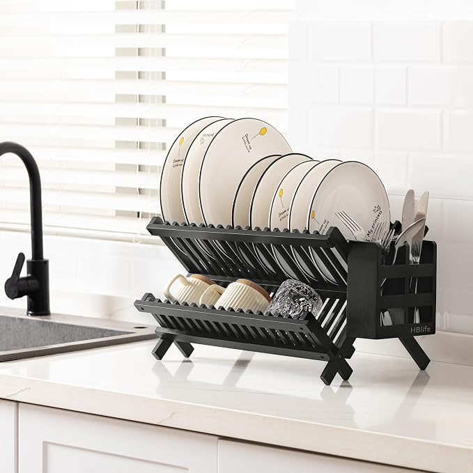 HBlife Dish Rack, Bamboo Folding 2-Tier Collapsible Drainer Dish Drying Rack - Image 7