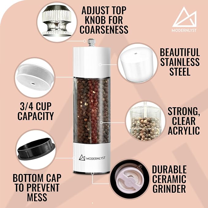 Manual Salt and Pepper Grinder Set of 2 | Large Round Shakers | 7.5 Inch - Image 4
